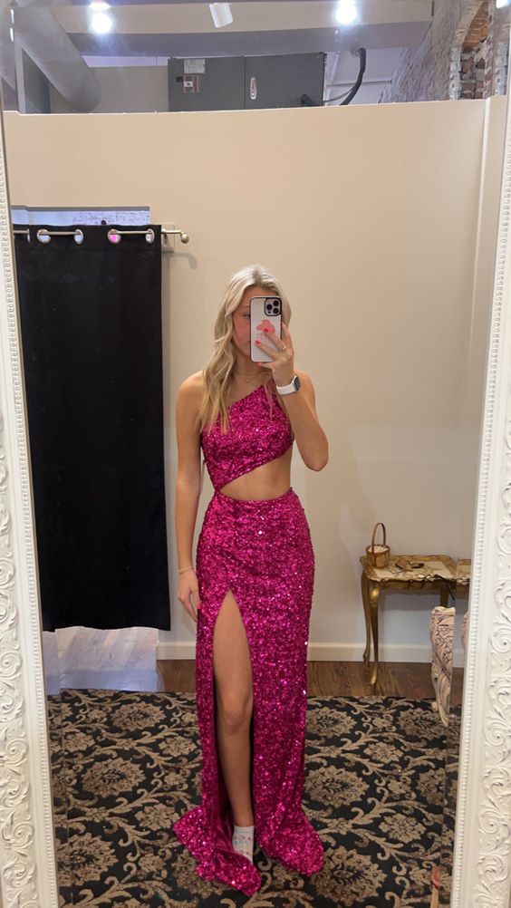 TingPo Wholesale Elegant Fancy Mermaid One Shoulder Hot Pink Sequin Long Prom Dresses Slit Evening Dress